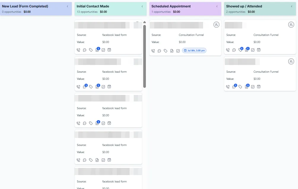 Client CRM pipeline showing leads by stage